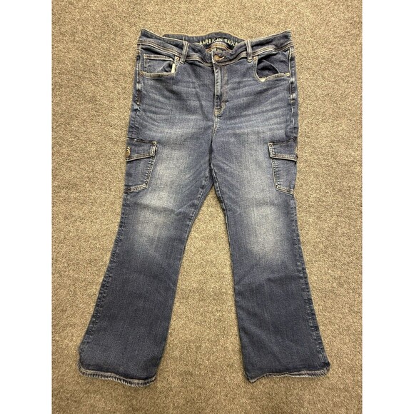 American Eagle Jeans Womens 18 Blue Kick Boot Denim Flap Pockets Dark Stretch - Picture 2 of 10